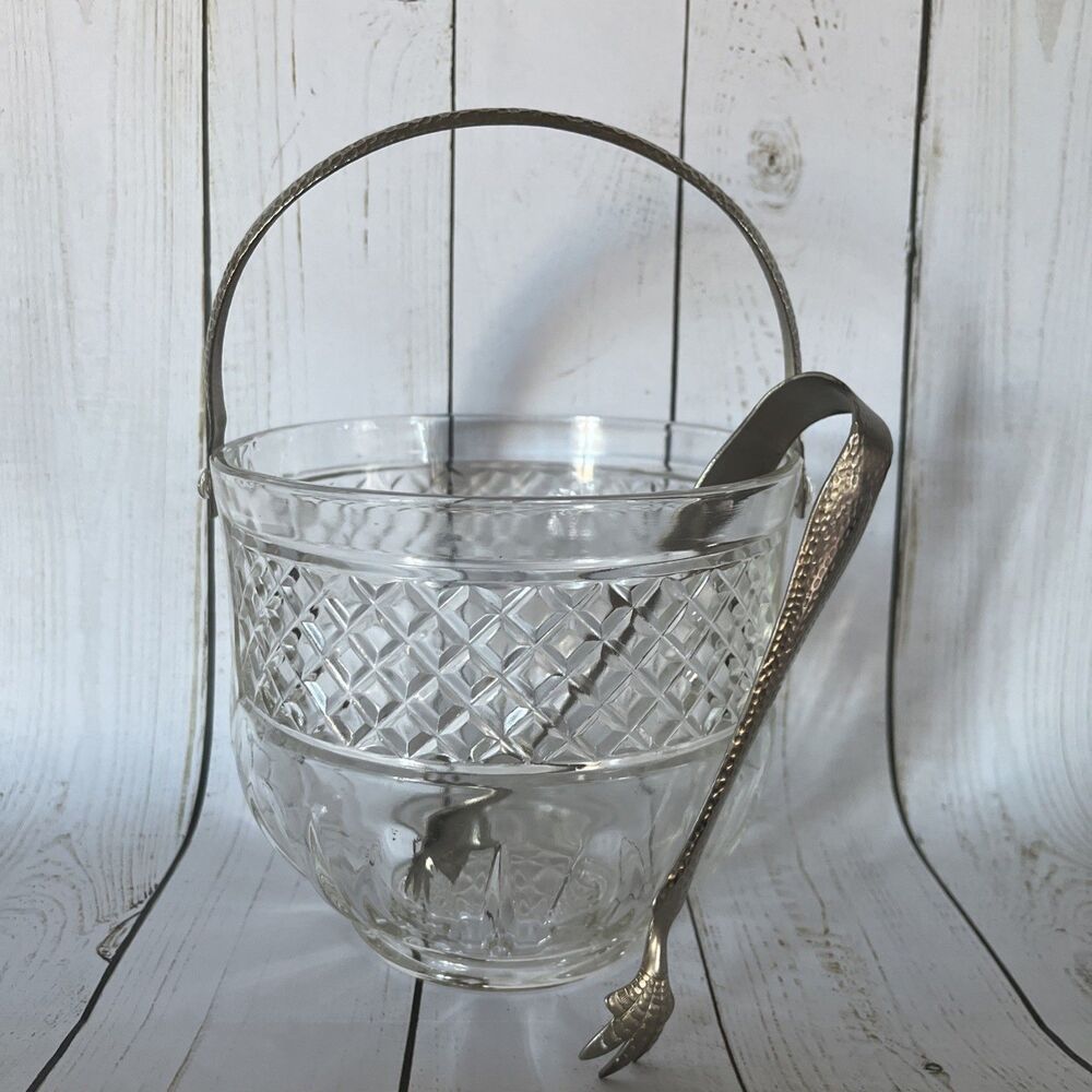 Glass Ice Bucket Diamond Pattern Pressed Hammered Handle & Embossed Tongs